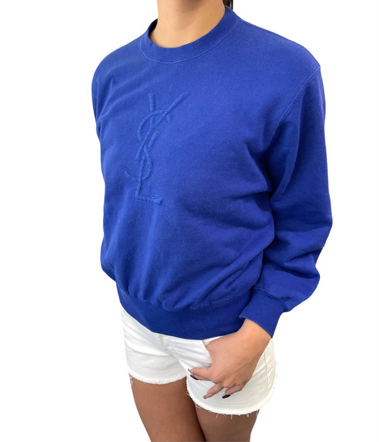 Yves Saint Laurent Vintage Embroidered YSL Big Logo Sweatshirt Top #M Blue