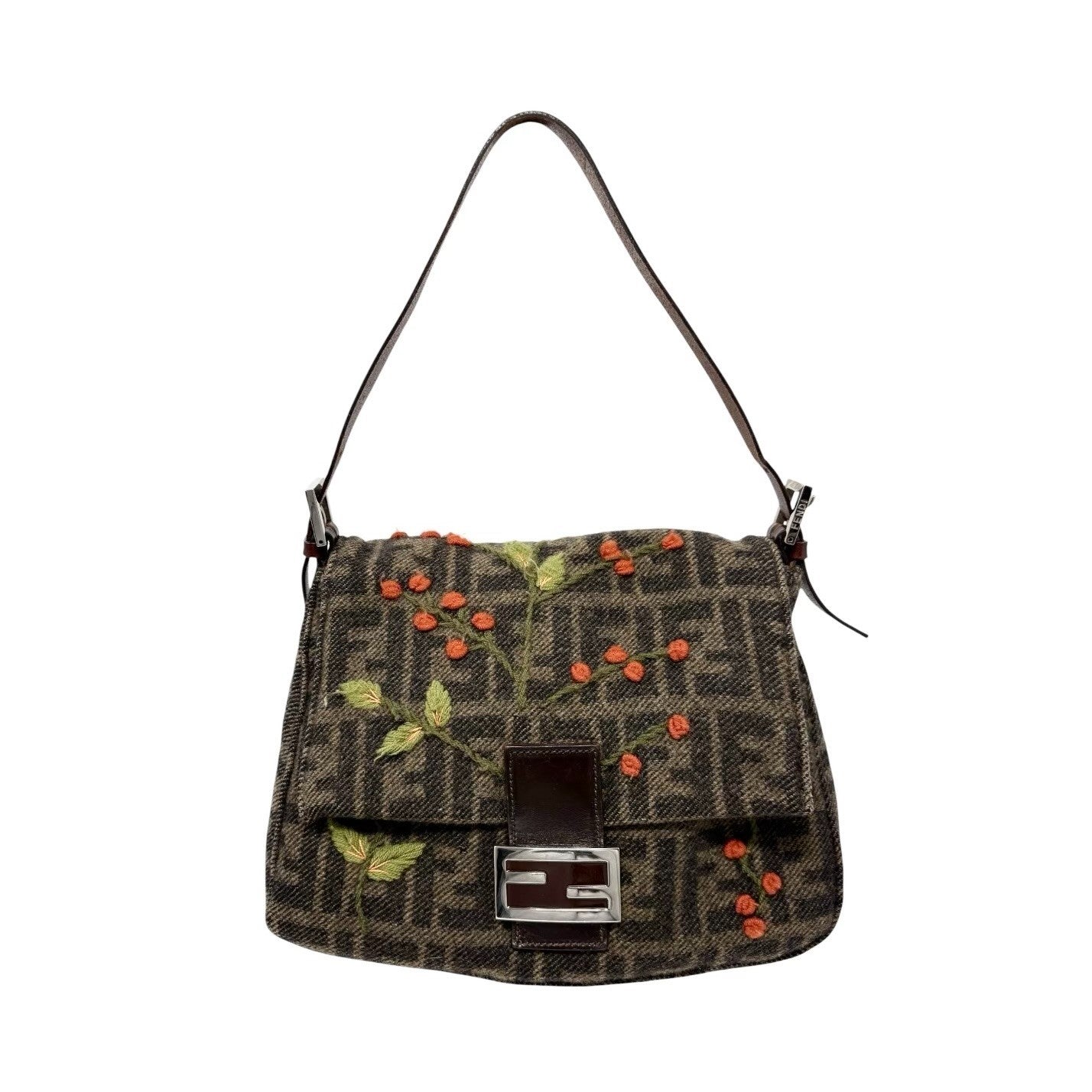FENDI Vintage FF Mamma Baguette Wool Knit Shoulder Bag Brown Flower