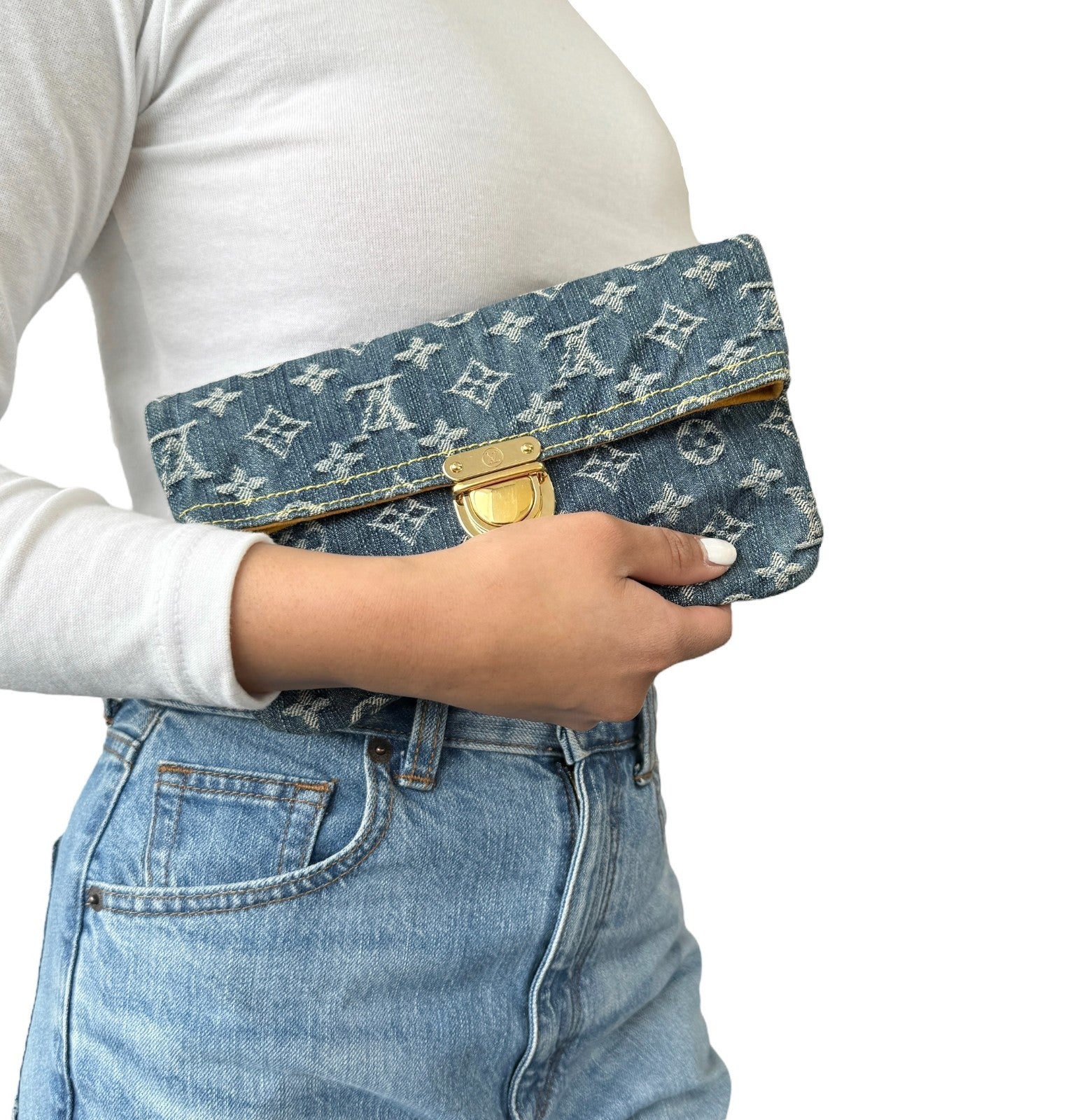 LOUIS VUITTON Vintage Monogram Denim Pochette Plat Clutch Bag Blue Gold