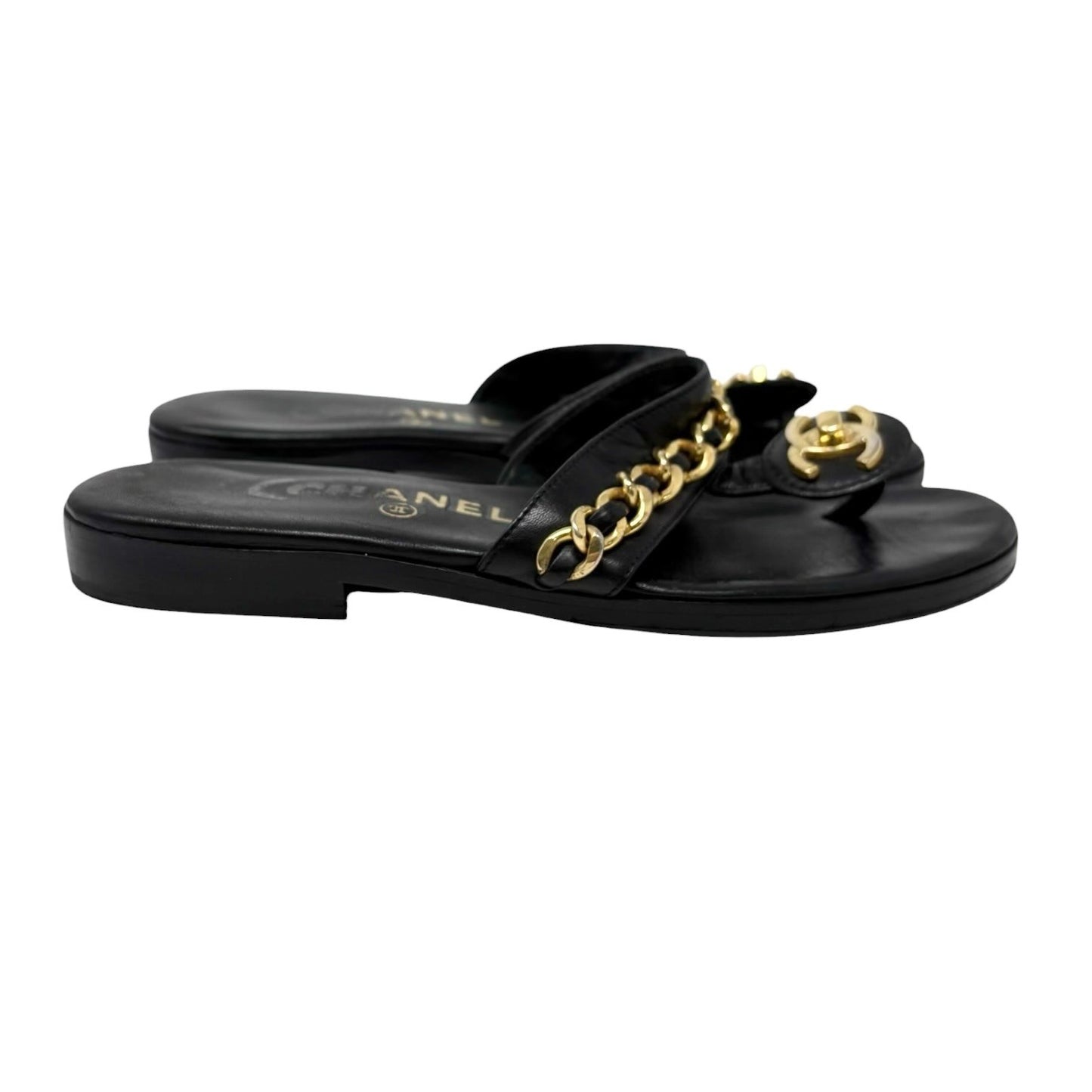 CHANEL Vintage Turnlock CC Logo Chain Sandals #37-37.5 Black Gold Leather 901814
