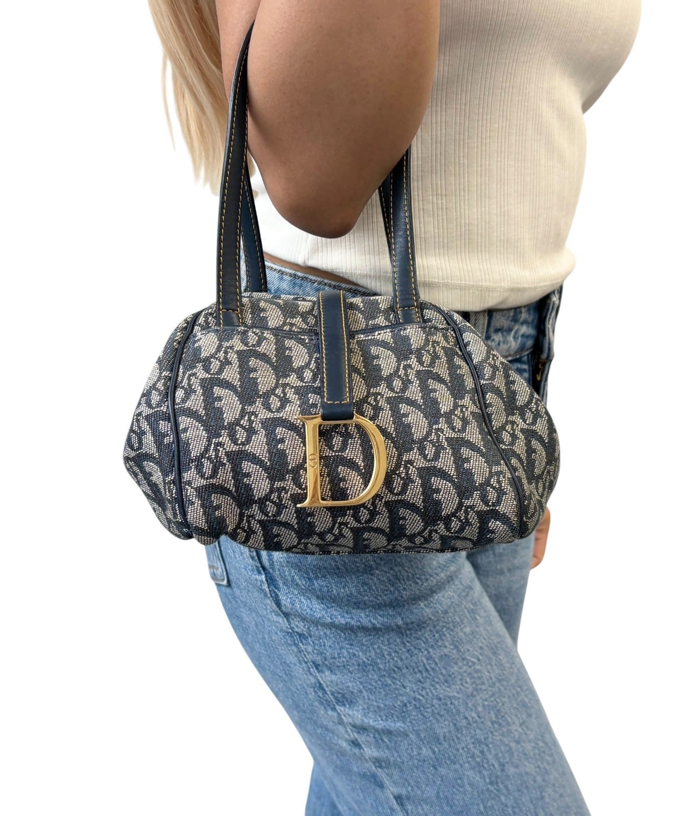 Christian Dior Vintage 2001 Trotter Monogram Mini D Charm Bag Handbag Blue 90128