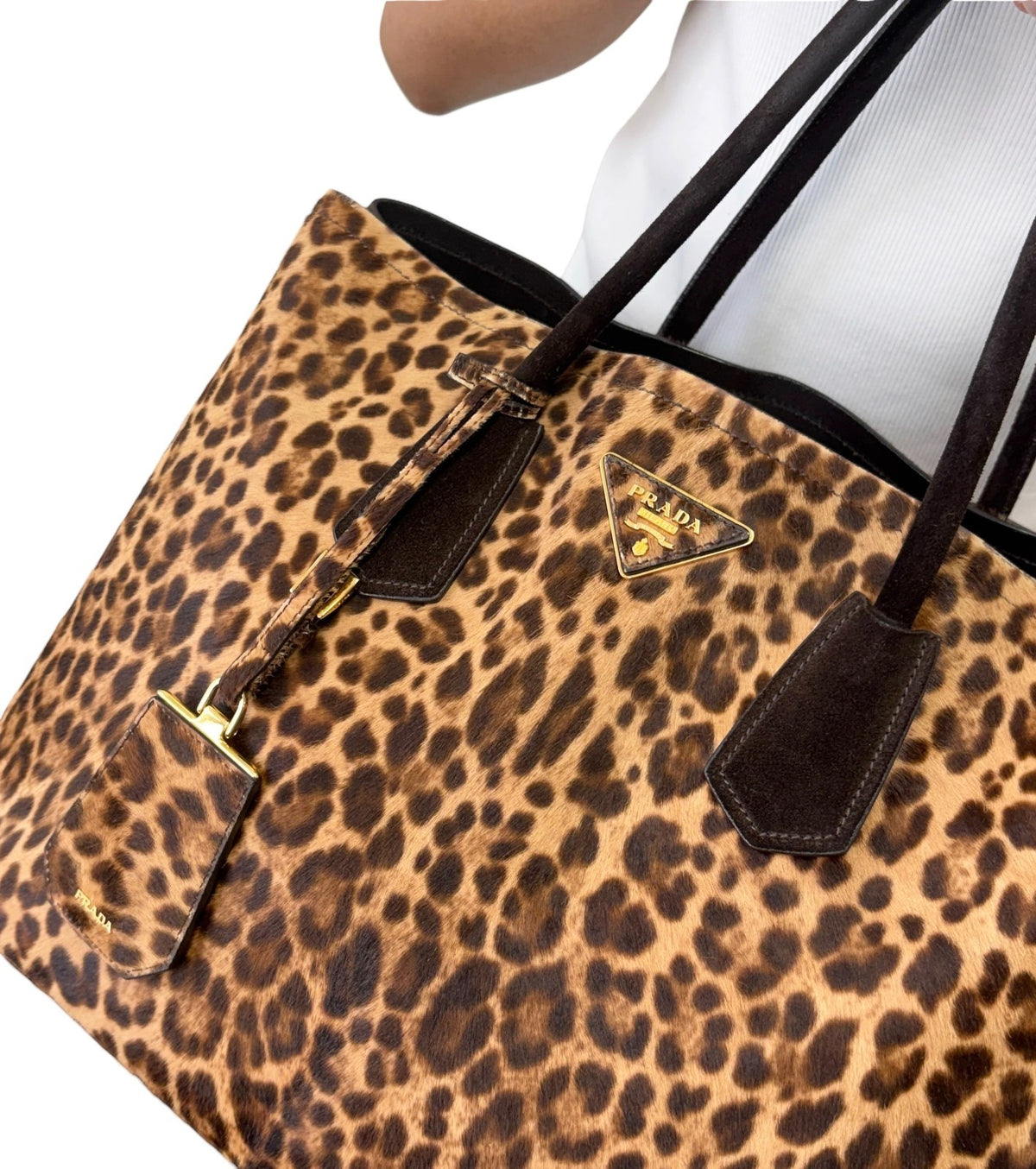 PRADA Vintage Triangle Logo Leopard Tote Bag Brown Black Pony Calf Hair 902452