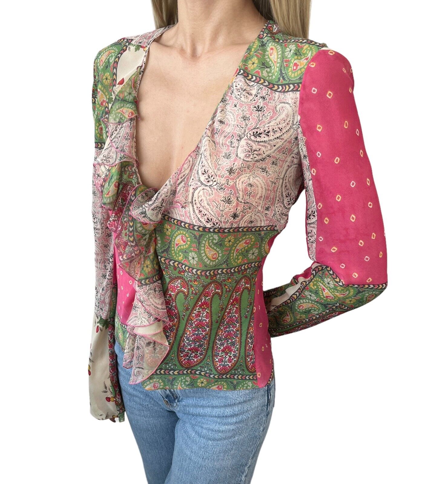 Christian Dior Vintage Paisley Blouse #38 Top Shirt Pink Green Silk Rank AB