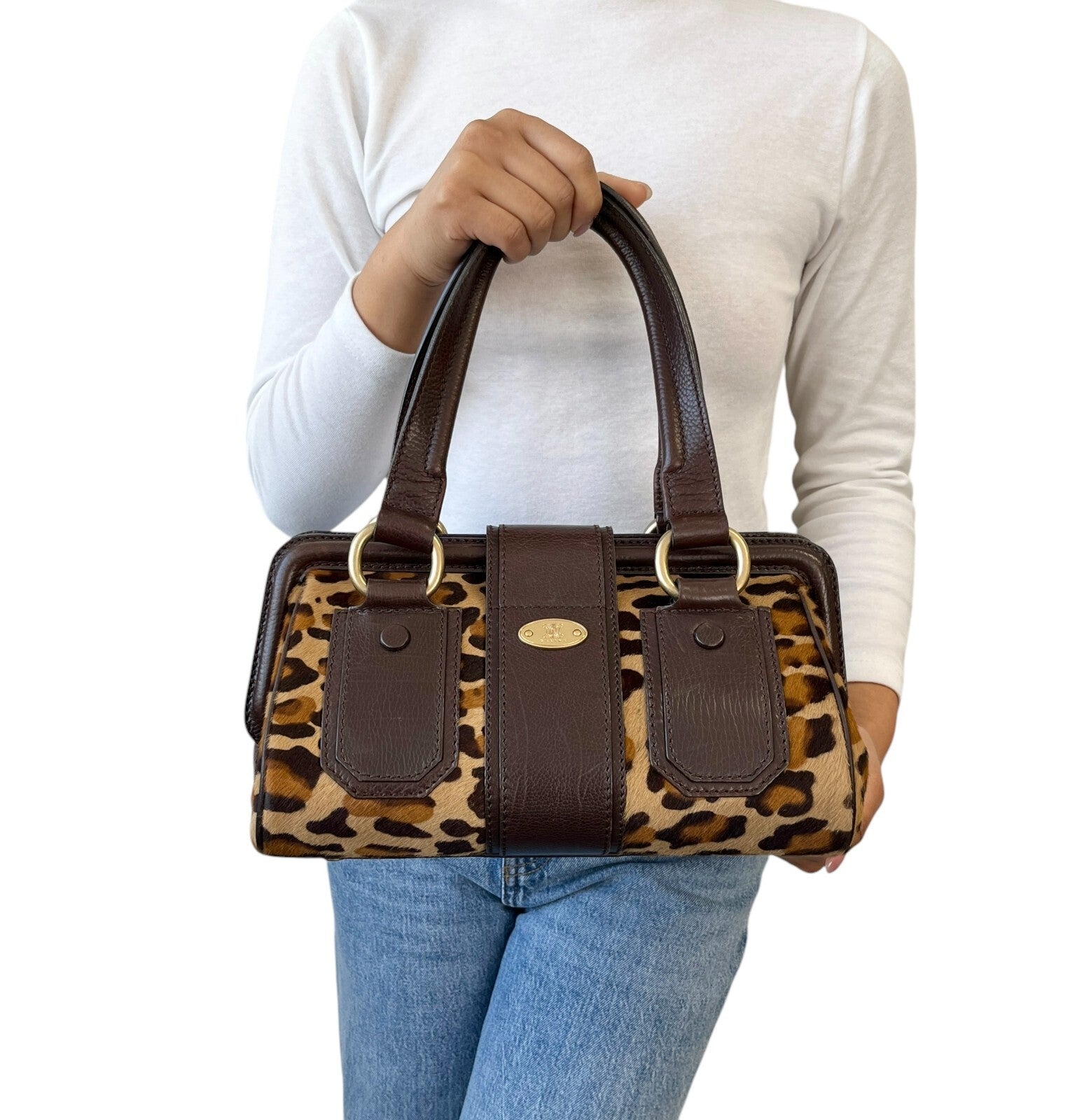 CELINE Vintage Macadam Logo Leopard Shoulder Bag Brown Beige Calf Hair Leather