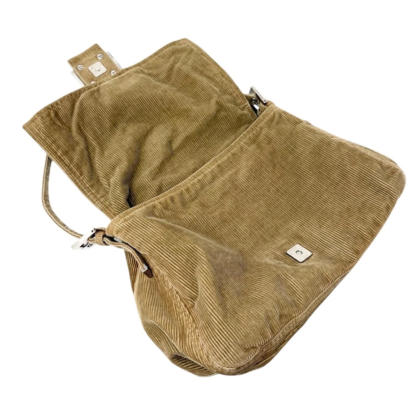 FENDI Vintage FF Logo Corduroy Mamma Baguette Shoulder Bag Light Brown Silver