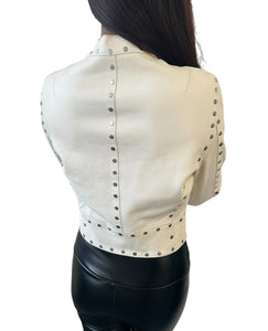 CELINE Vintage Logo Button Cropped Leather Jacket #38 Studs Cream Silver RankAB