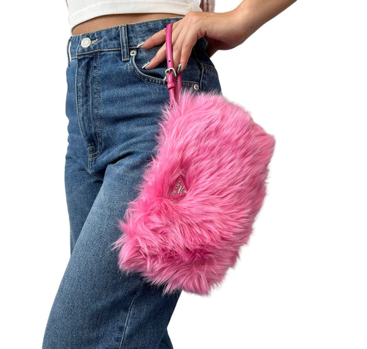 PRADA Vintage Logo Faux Fur Pelliccia Clutch Bag Wristlet Pouch Pink 902250