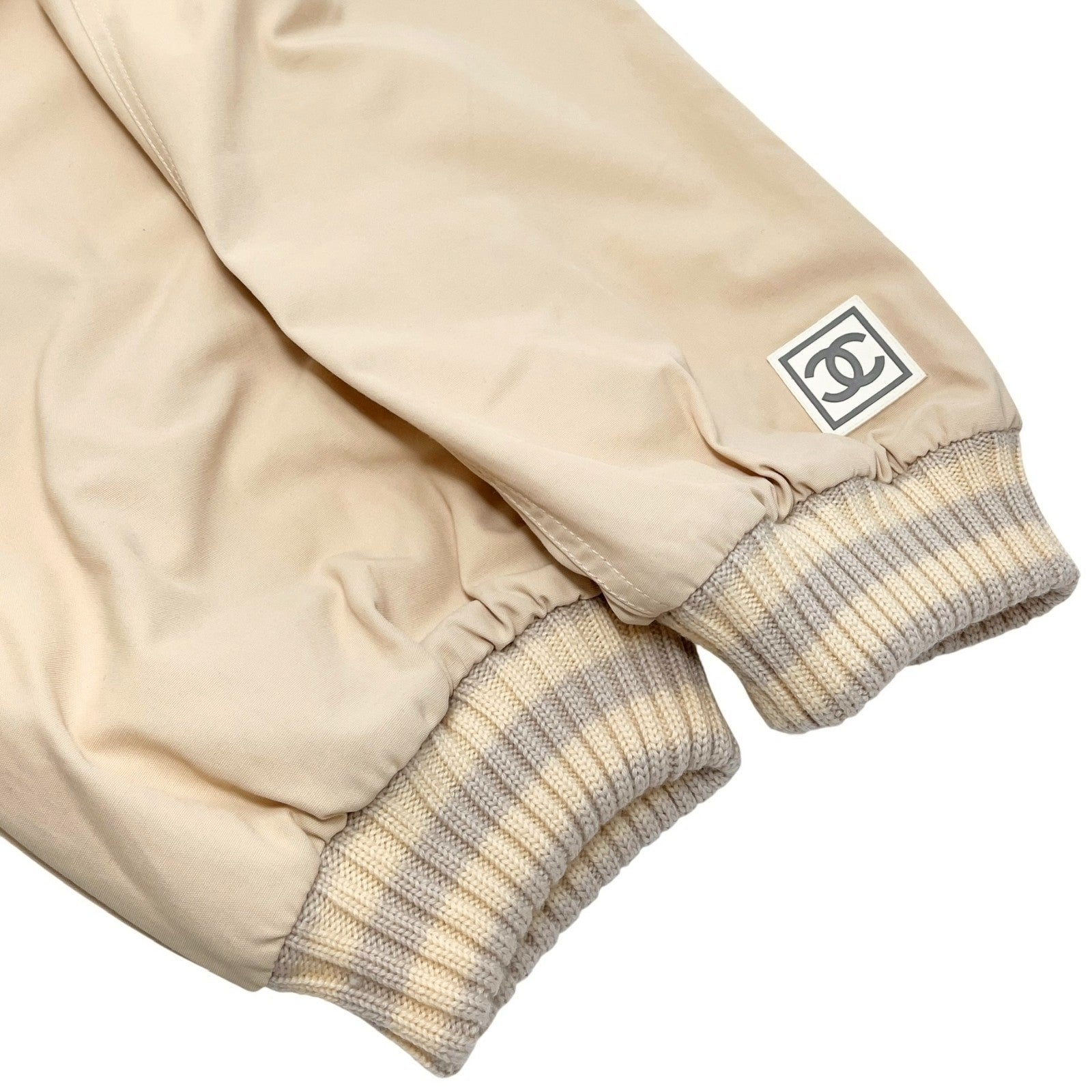 CHANEL Sport Vintage 01A CC Logo Jogger Pants #38 Ribbed Hem Light Beige Silver