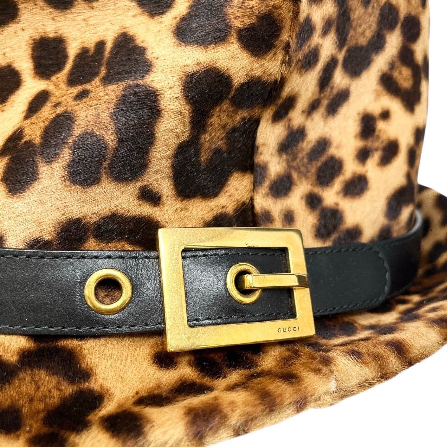 GUCCI Vintage Logo Leopard Pony Calf Hair Hat #M Beige Brown Cotton Belt