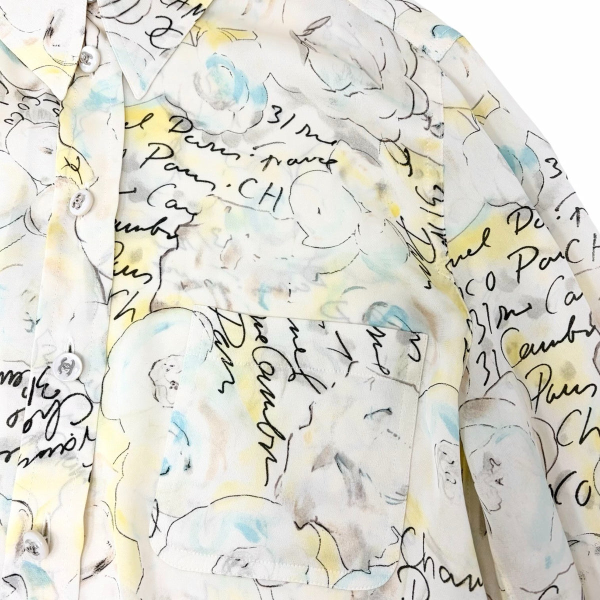 CHANEL Vintage 98C CC Logo Button Camellia Silk Shirt Top #38 Multicolor 902917