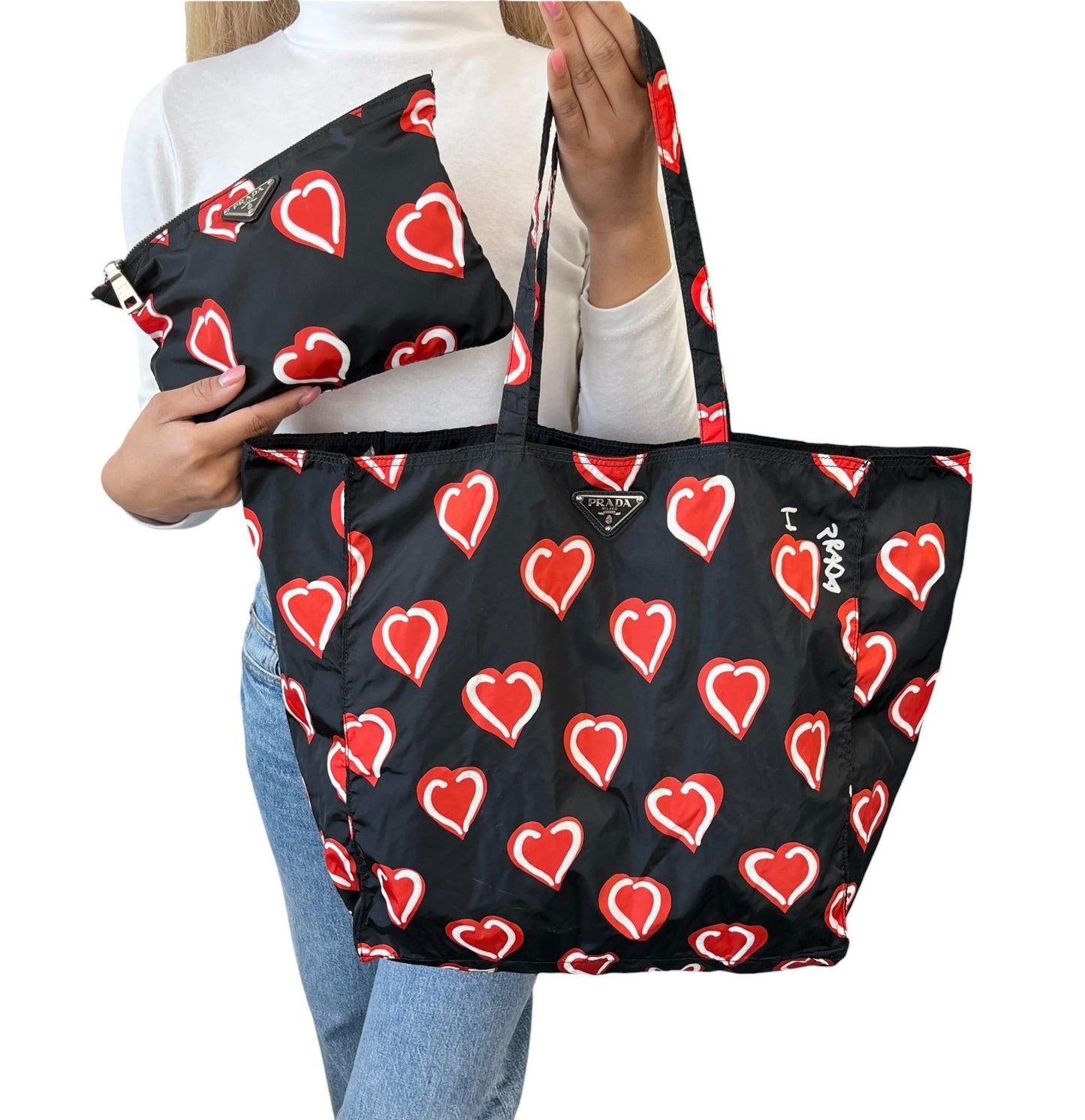 PRADA Vintage Logo Heart Pattern Print Tote Bag Handbag Pouch Black Red Nylon