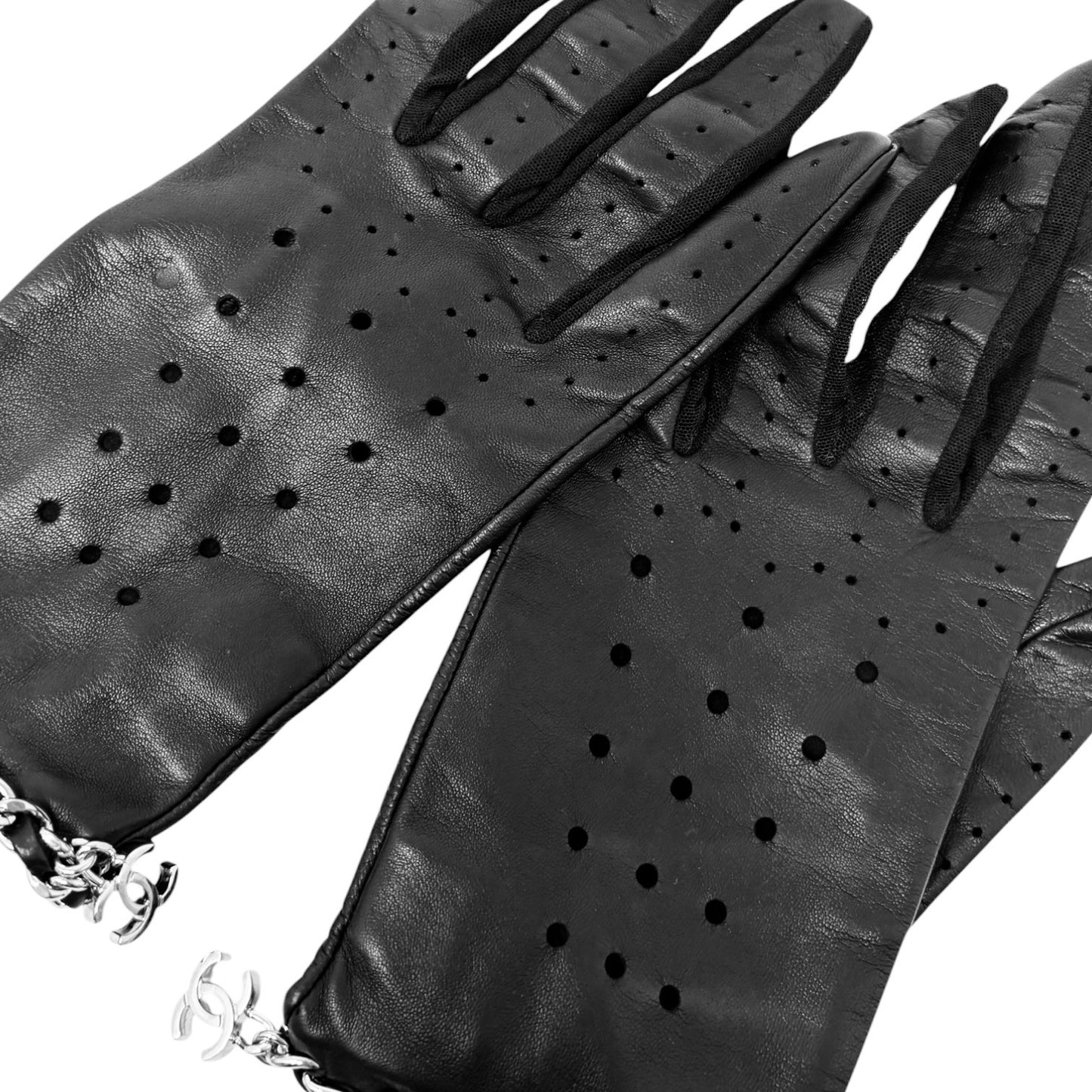 CHANEL Vintage CC Logo Chain Leather Perforated Gloves #7.5 Black Silver 901842