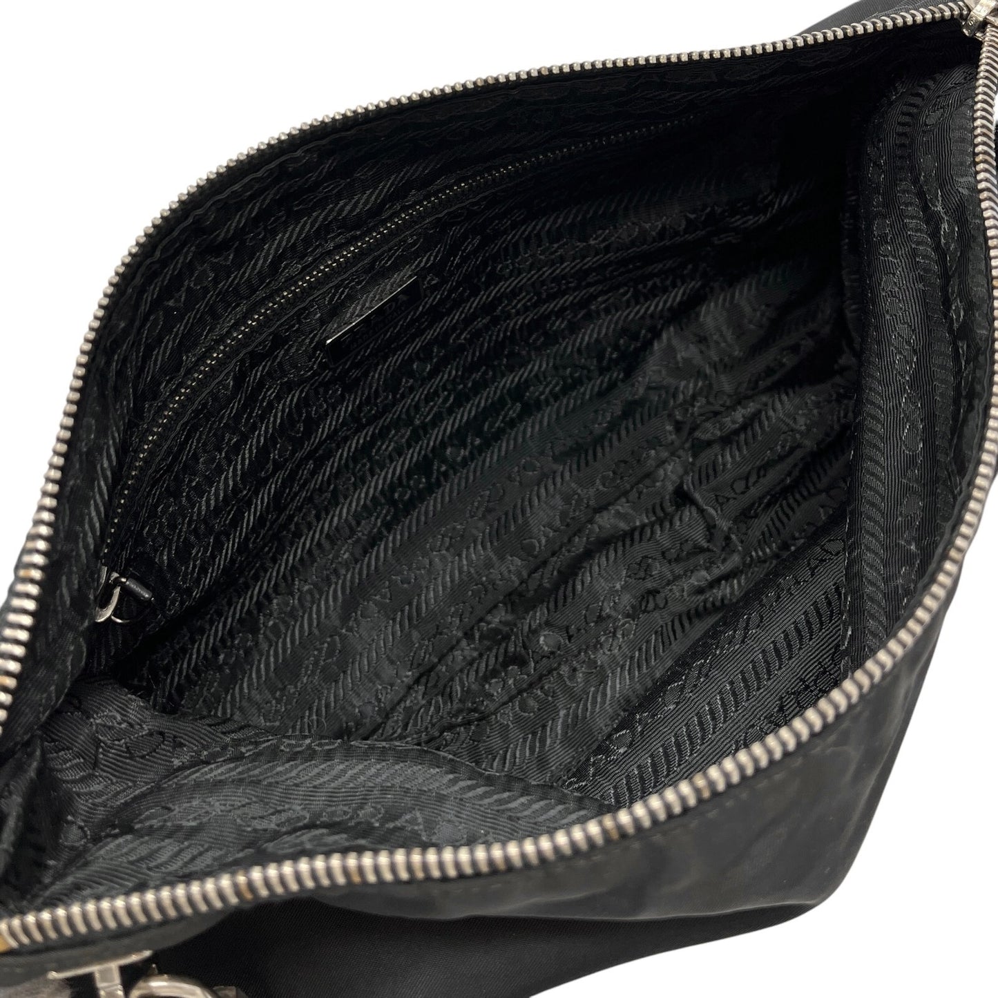 PRADA Vintage Logo Shoulder Bag Zip Padlock Black Silver Nylon Leather