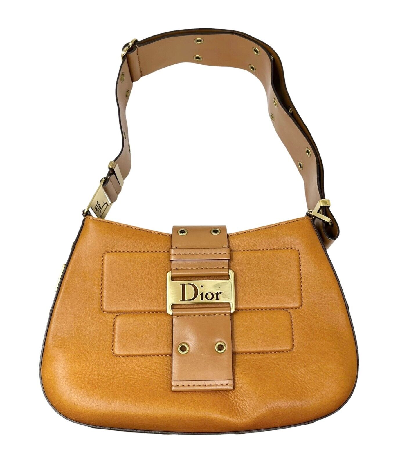 Christian Dior Vintage Logo Street Chic Shoulder Bag Brown Gold Leather