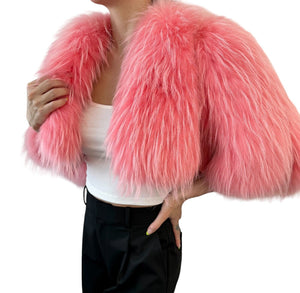 LOUIS VUITTON Vintage Logo Raccoon Fur Jacket #34 Pink Silk Rank AB+