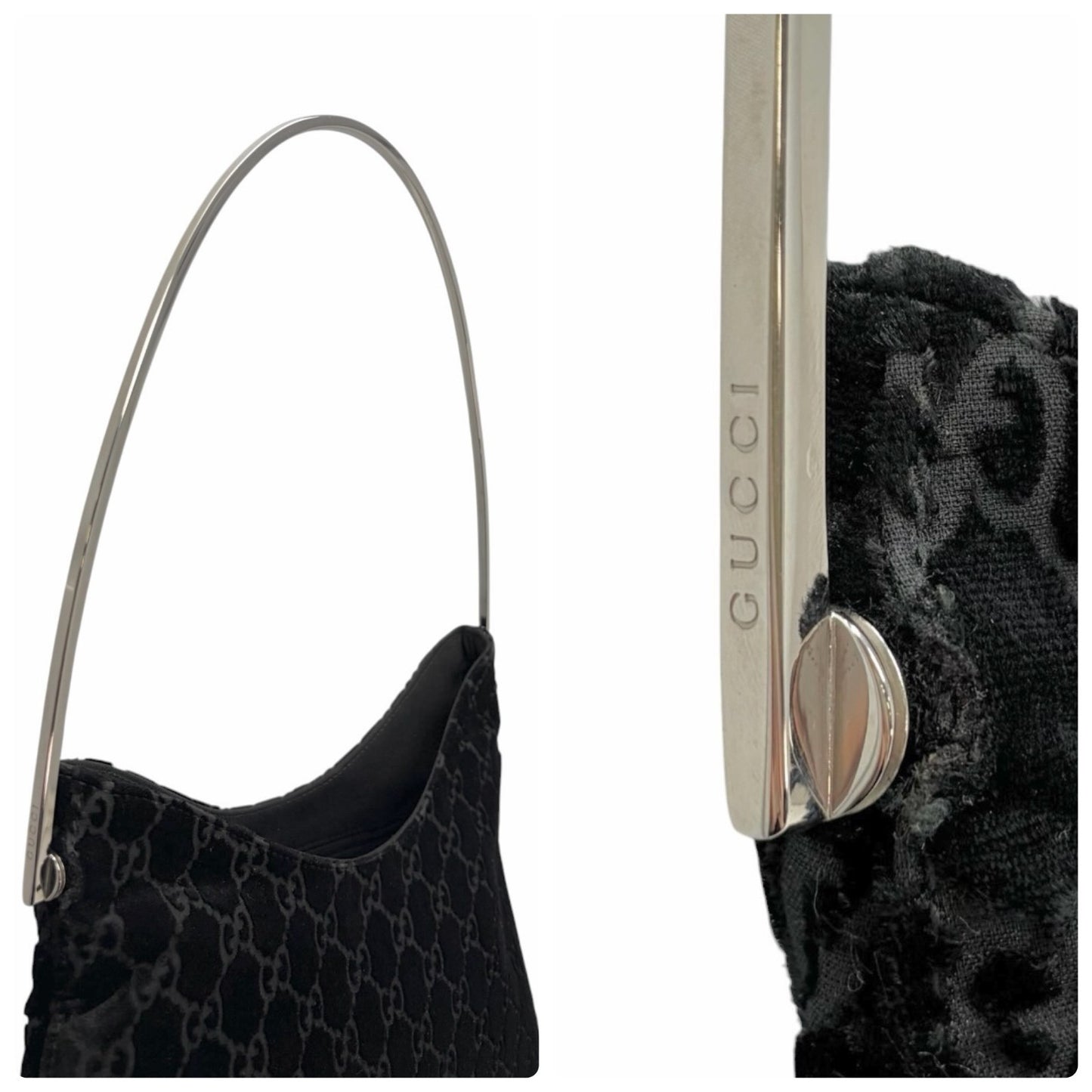 GUCCI Vintage GG Monogram Logo Velour Hobo Shoulder Bag Black Silver 902089