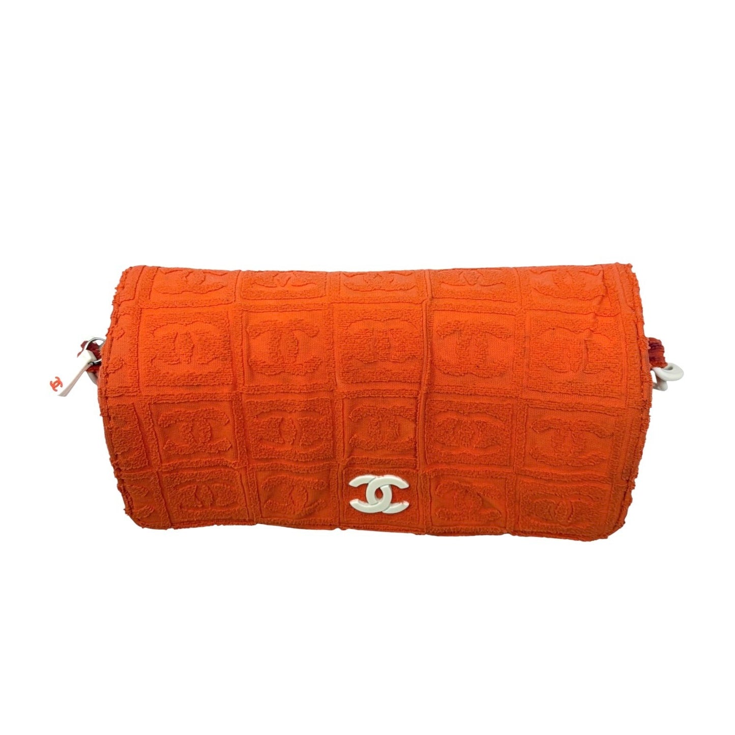 CHANEL Vintage 02S CC Logo Chain Shoulder Bag Terry Cloth Orange White 901896