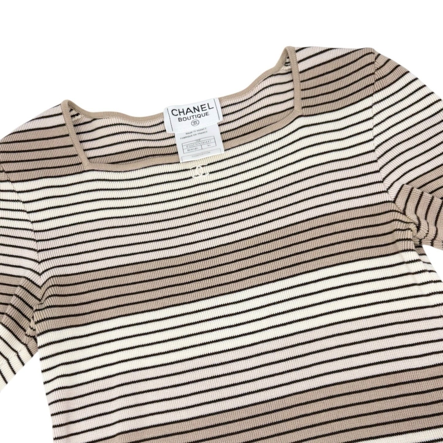 CHANEL Vintage 98P CC Mark Logo Stripe Knit T-shirt Top #36 Beige Brown Pullover