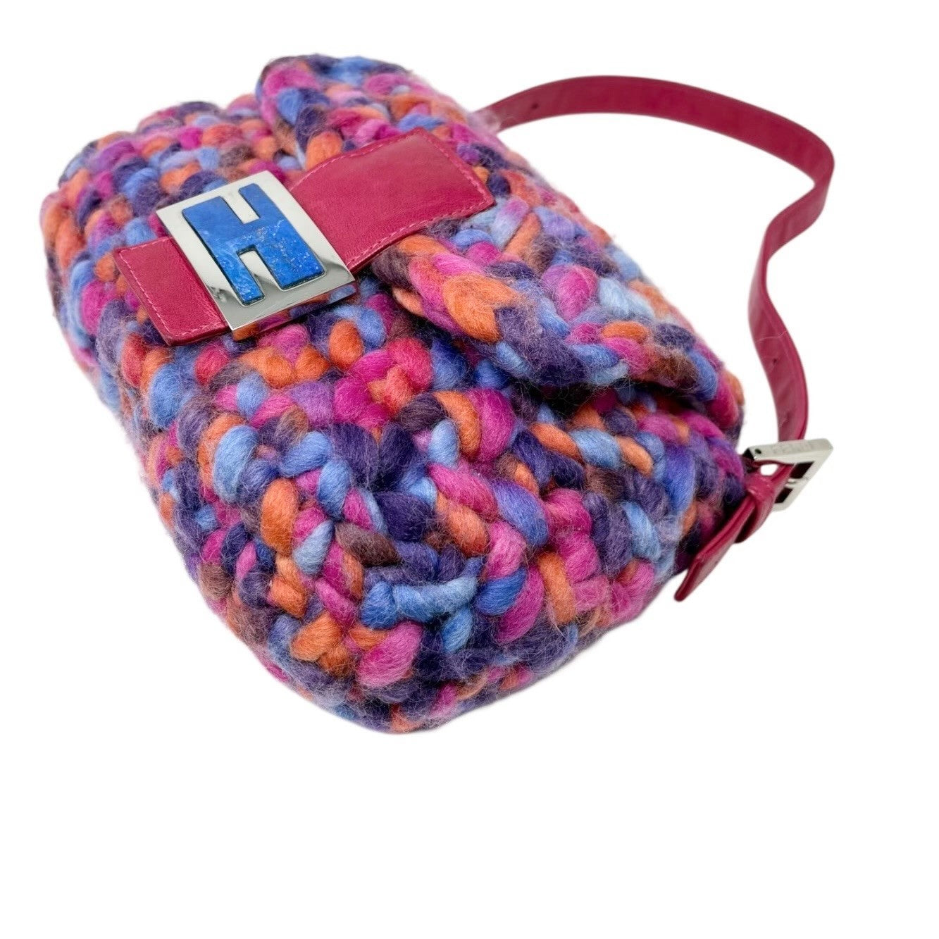 FENDI Vintage FF Logo Crochet Mamma Baguette Shoulder Bag Pink Multicolor Wool