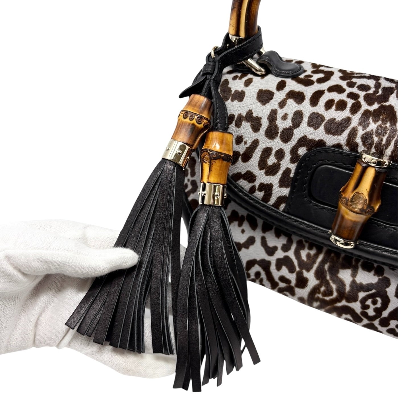 GUCCI Vintage Bamboo Leopard 2way Handbag Crossbody Bag Pony Calf Hair Gray
