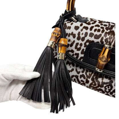 GUCCI Vintage Bamboo Leopard 2way Handbag Crossbody Bag Pony Calf Hair Gray