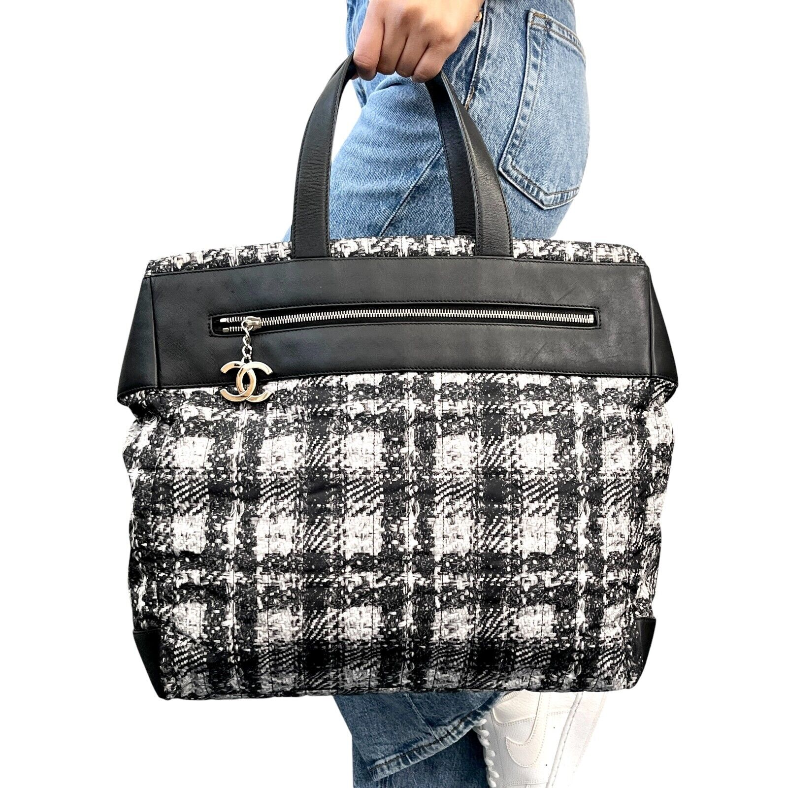 CHANEL Vintage 2013 CC Logo Tweed Print Tote Bag Black Silver Nylon Leather