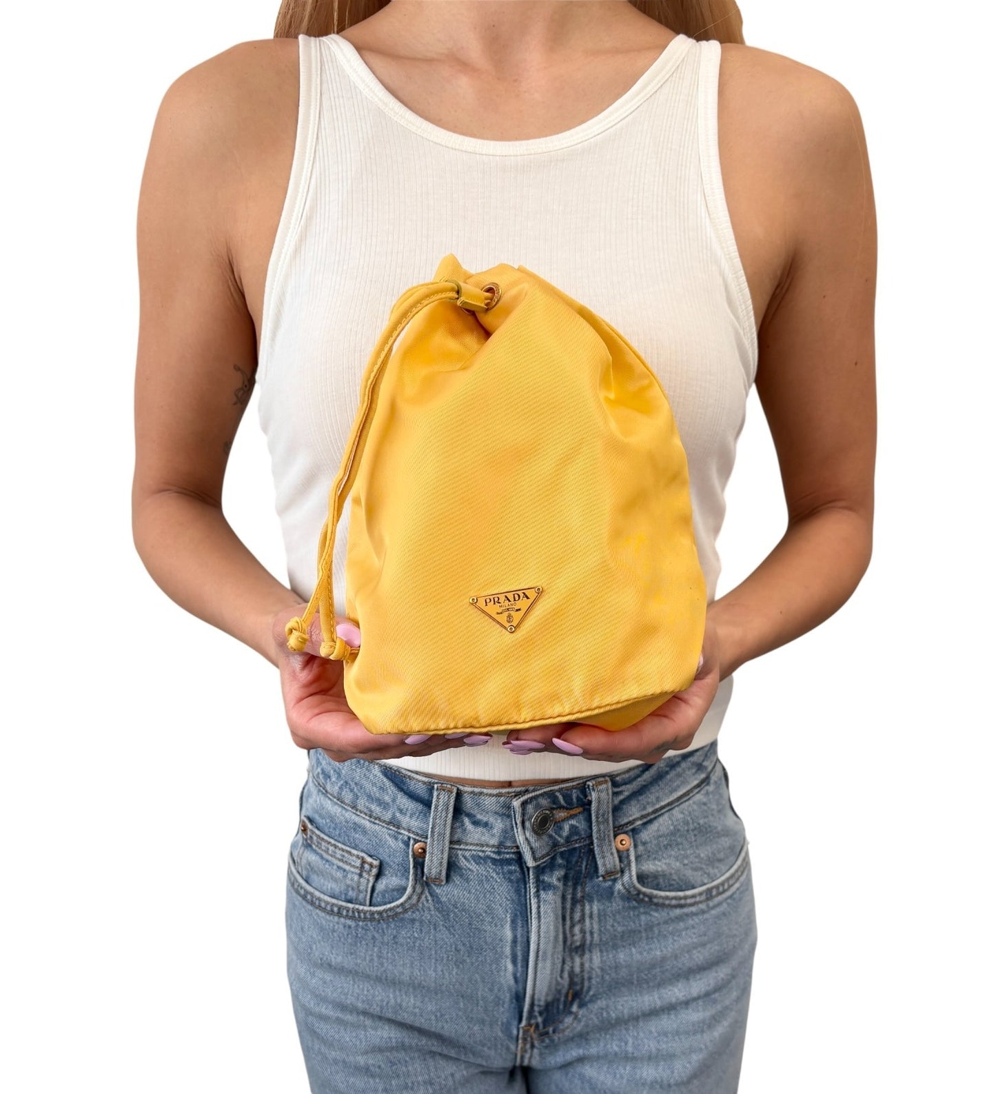 PRADA Vintage Triangle Logo Drawstring Bag Handbag Pouch Yellow Nylon