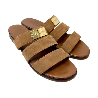 CHANEL Vintage CC Logo Flat Slide Sandals #36 Brown Gold Leather Suede 901945