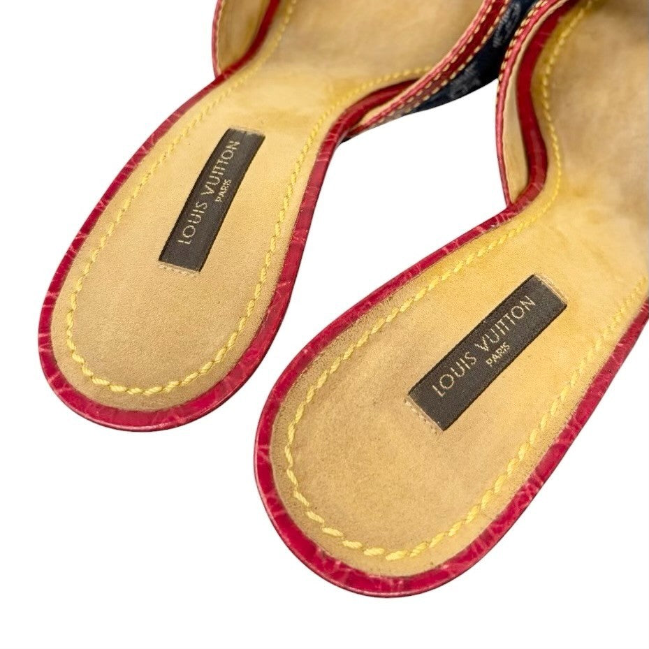 LOUIS VUITTON Vintage Monogram Denim Sandals Heels #36 Blue Red Beige 902029