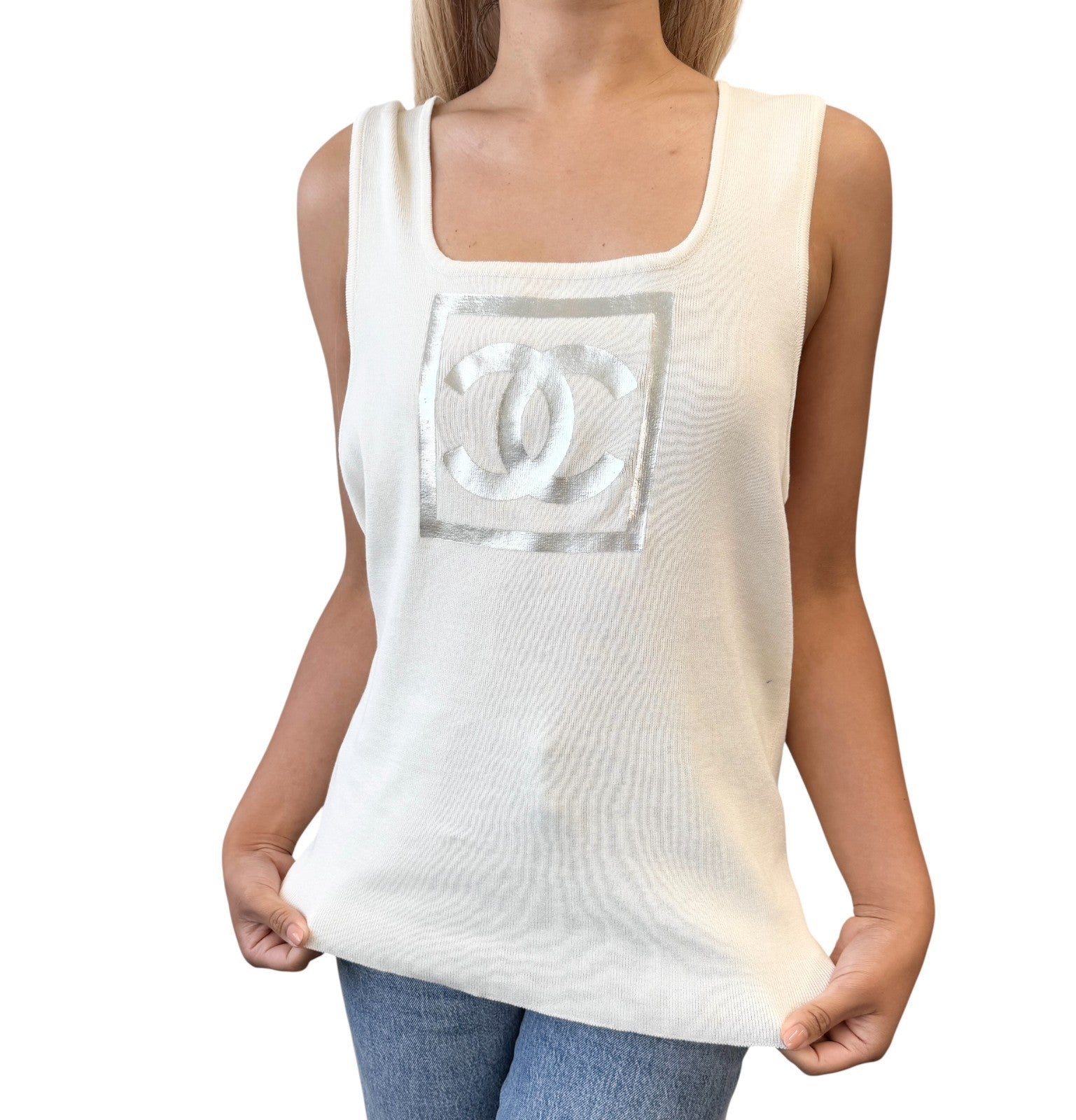 CHANEL Vintage 01P CC Logo Tank Top #46 White Cream Silver Cotton Sleeveless