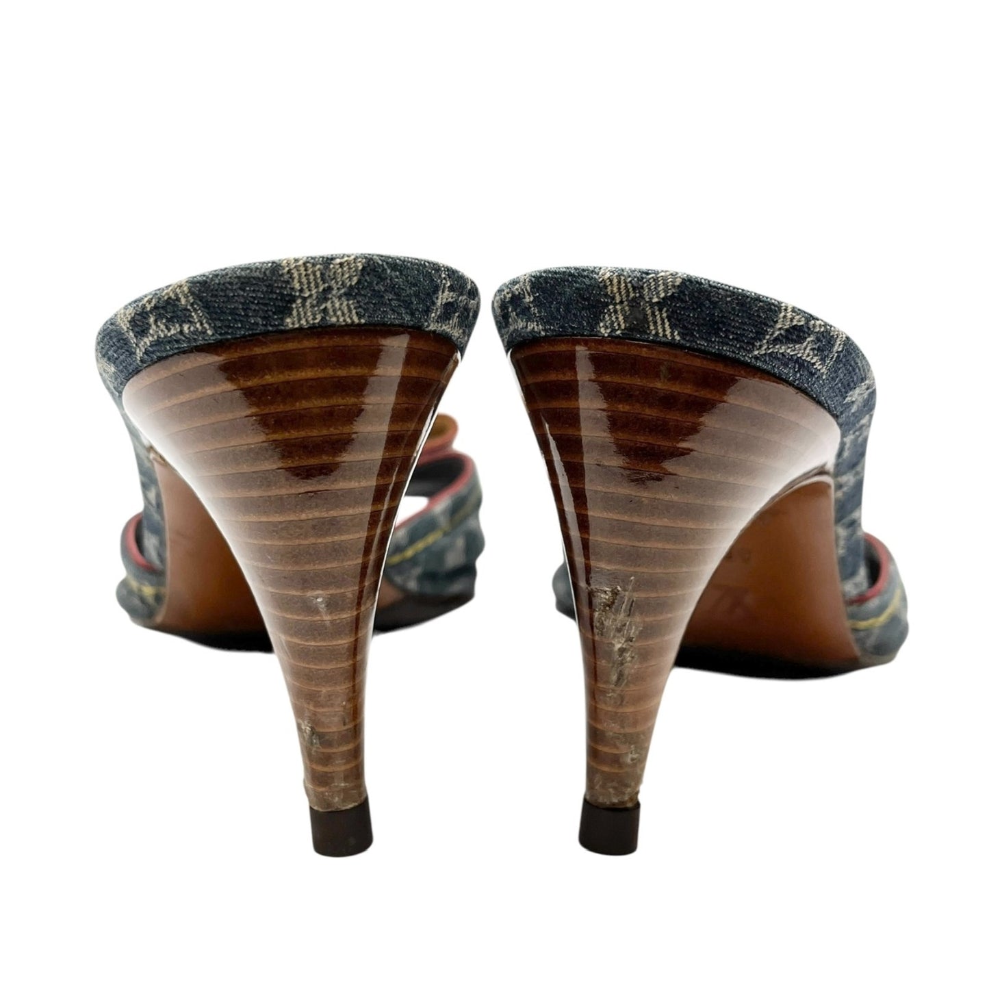 LOUIS VUITTON Vintage LV Monogram Logo Denim Sandals Heels #35.5-36 Blue Beige