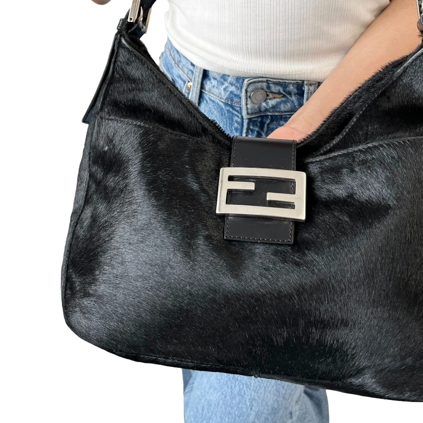 FENDI Vintage FF Logo Pony Calf Hair Hobo Shoulder Bag Black Silver 902040
