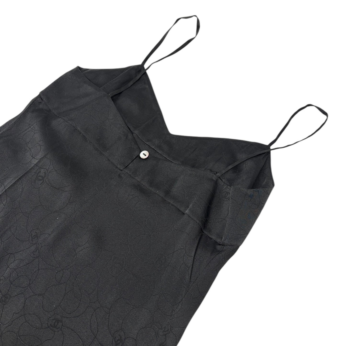 CHANEL Vintage 01P CC Logo Dress One-piece #38 Flower Camellia Button Black Silk