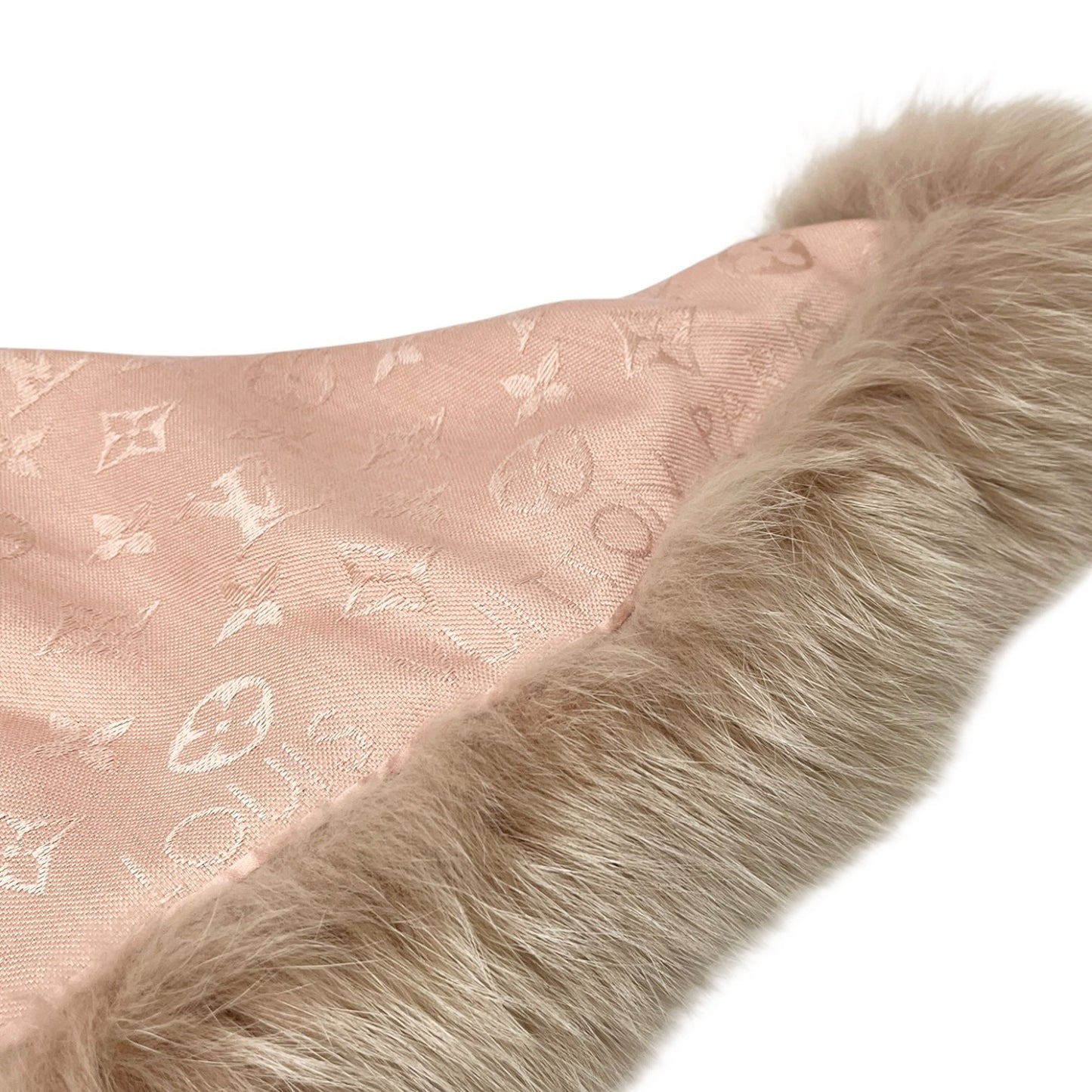 LOUIS VUITTON Vintage LV Monogram Logo Fur Scarf Shawl Wrap Pink Silk 902292