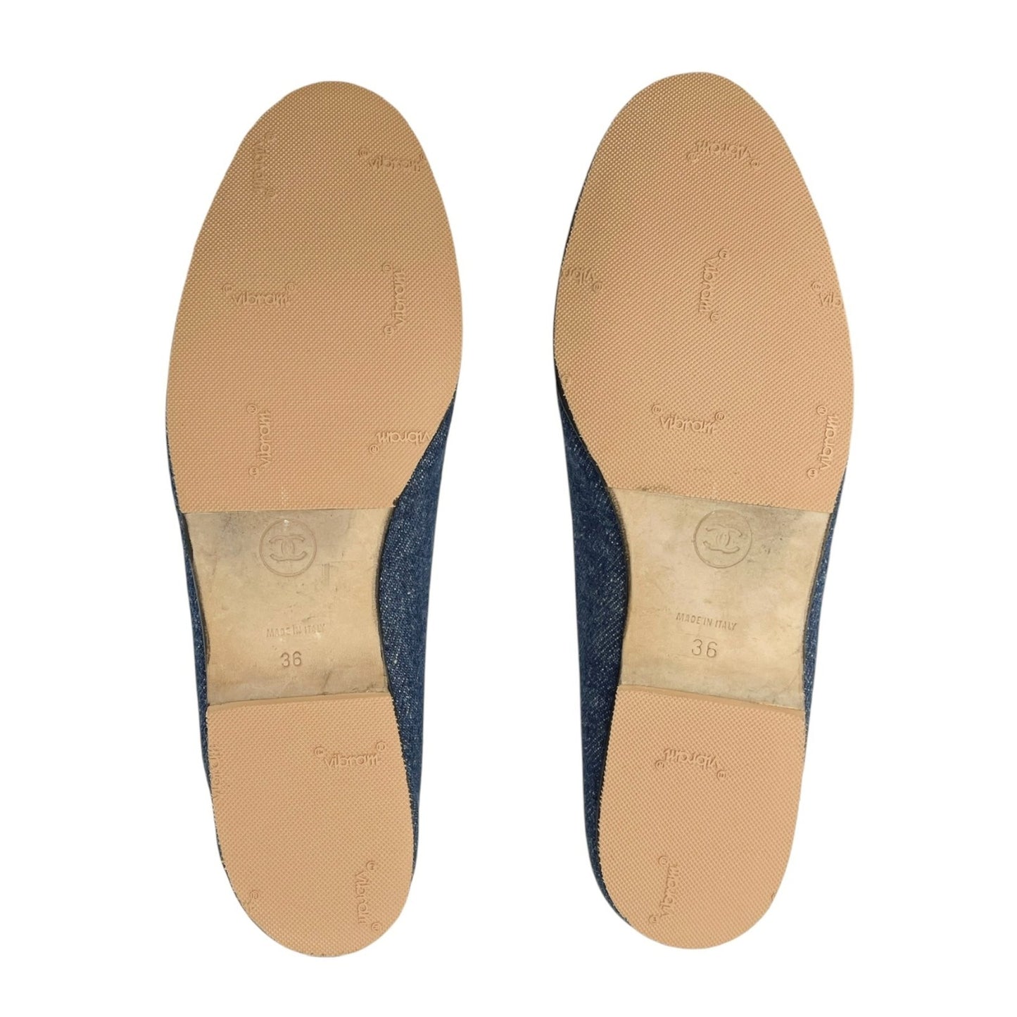 CHANEL Vintage 97P CC Mark Logo Denim Flat Shoes #36 Stitch Blue Beige Cotton