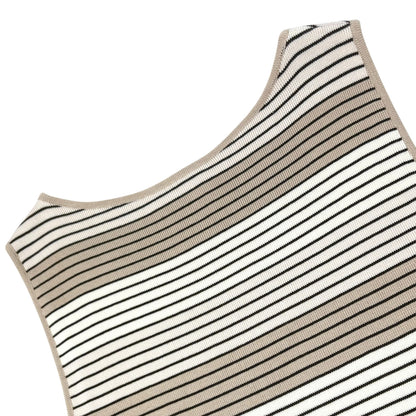 CHANEL Vintage 98P CC Logo Knit Tank Top #40 Stripe Brown Beige Cotton