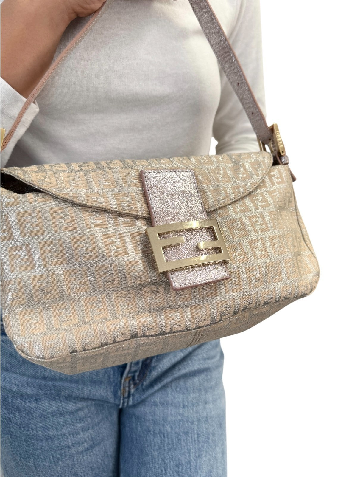 FENDI Vintage FF Logo Zucchino Mamma Baguette Glitter Shoulder Bag Pink 902262