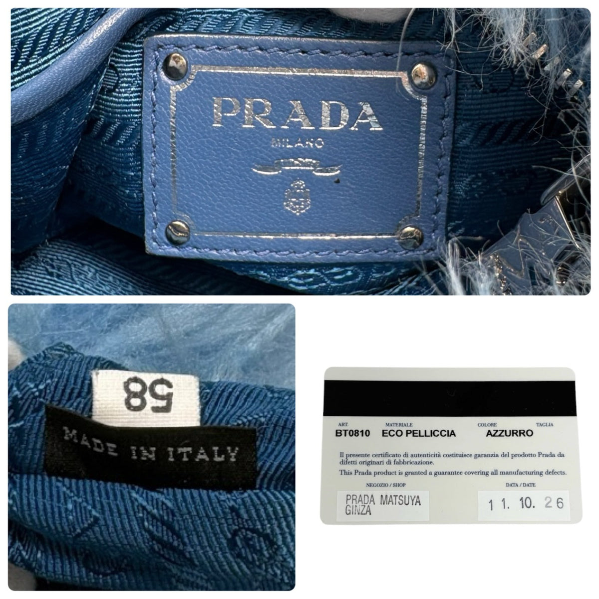 PRADA Vintage Logo Pelliccia Chain Shoulder Bag Mini Pouch Blue Faux Fur 902321