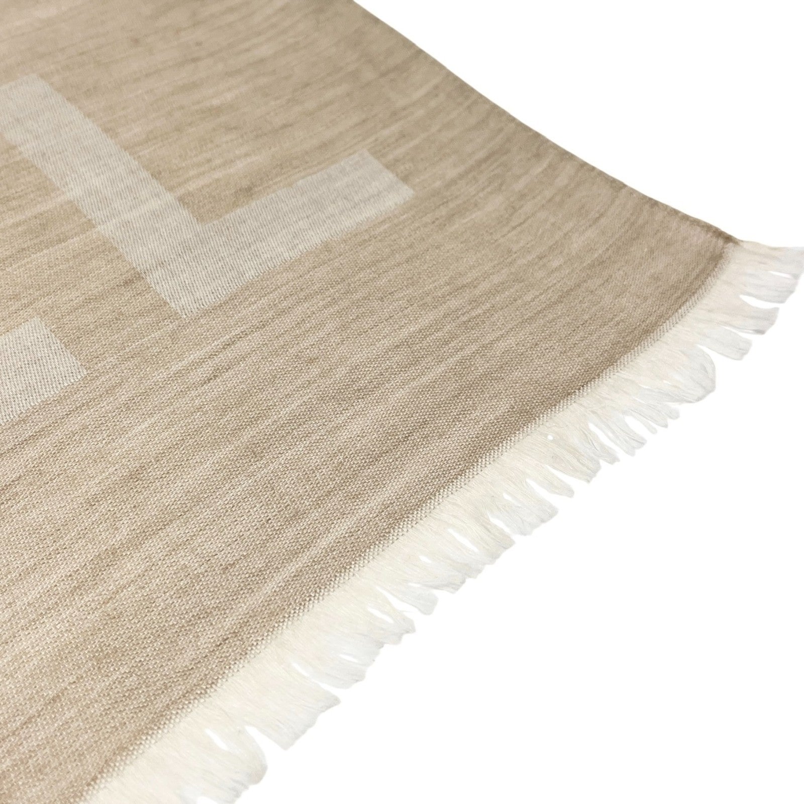CHANEL Vintage CC Logo Scarf Wrap Shawl Fringe Accessory Beige Silk Cashmere