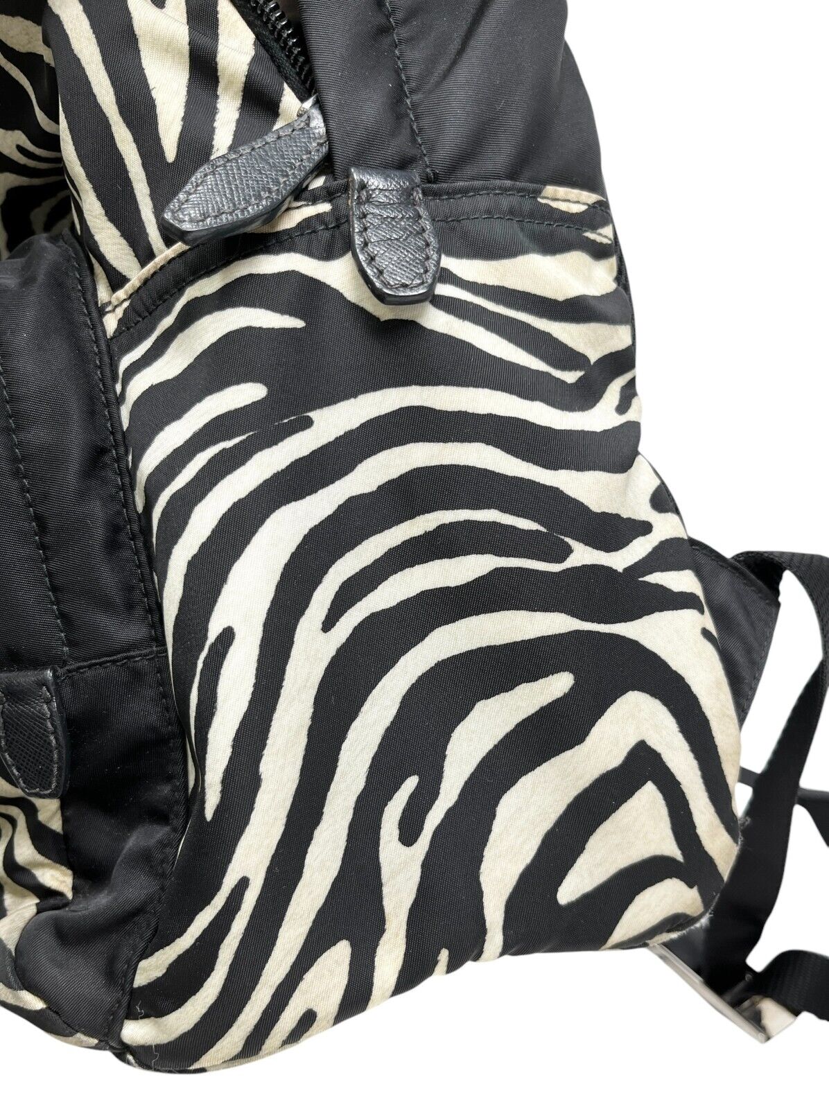 PRADA Vintage Logo Zebra Backpack Zip Mesh Black White Nylon Leather