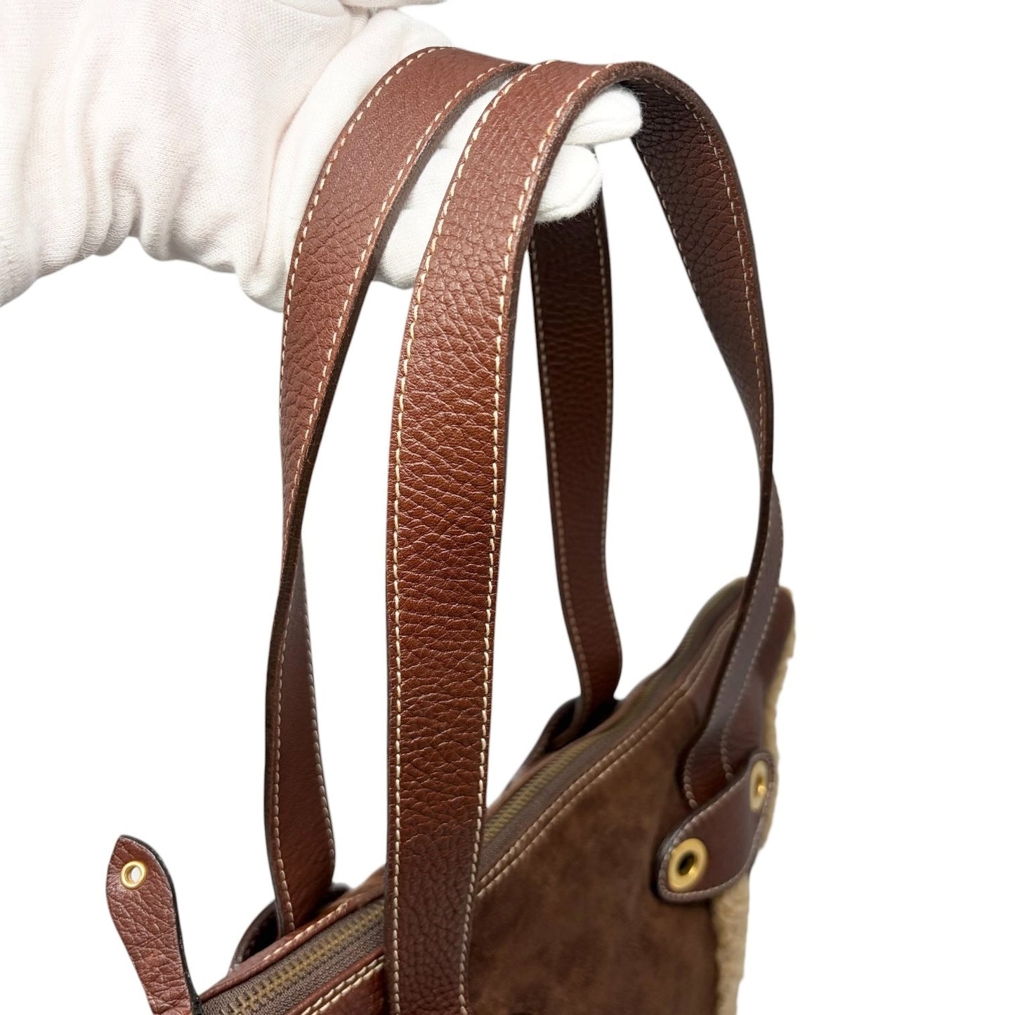 DOLCE&GABBANA Vintage DG Logo Fur Tote Shoulder Bag Brown Beige Suede 902426