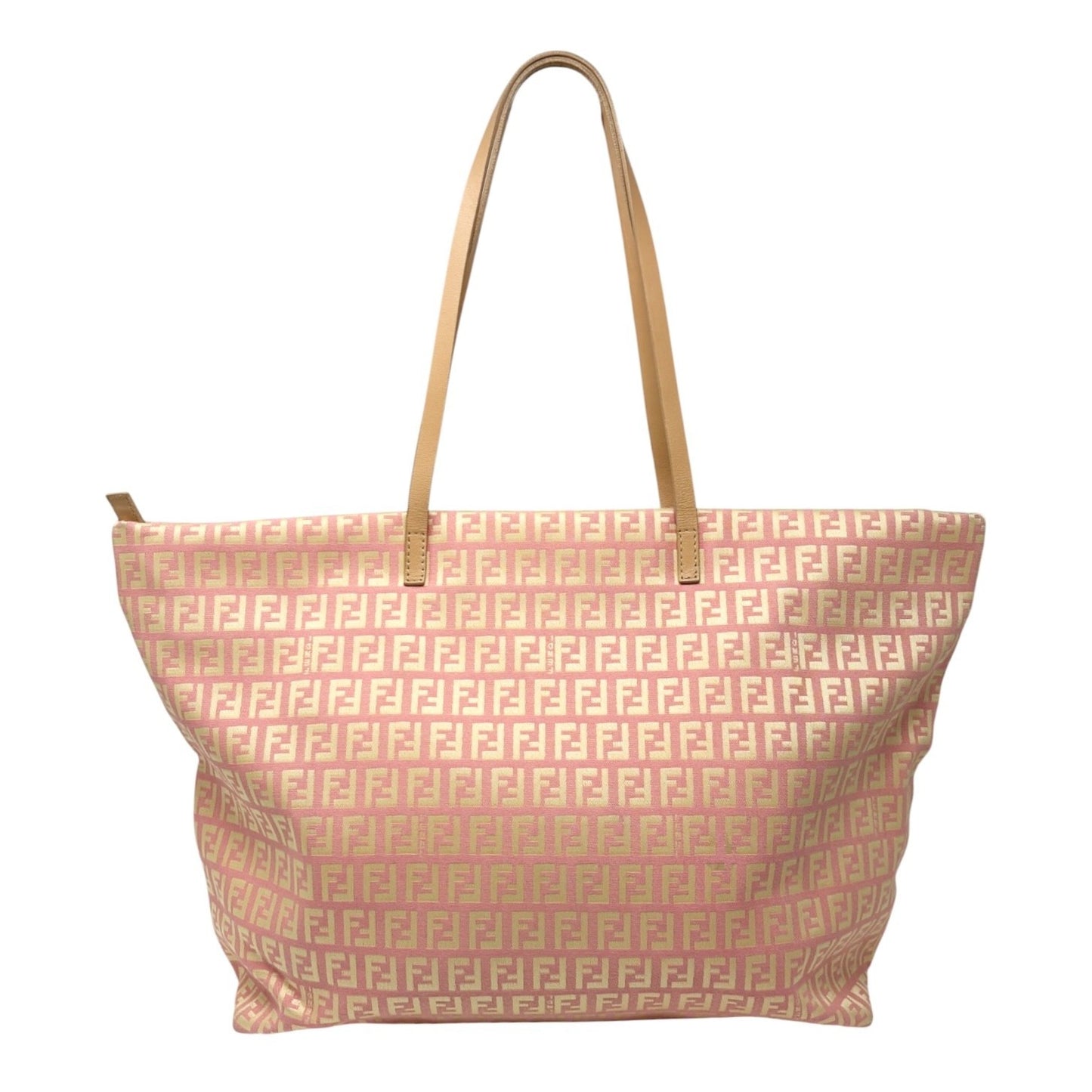 FENDI Vintage FF Logo Zucchino Tote Bag Pink Yellow Canvas Leather 901894