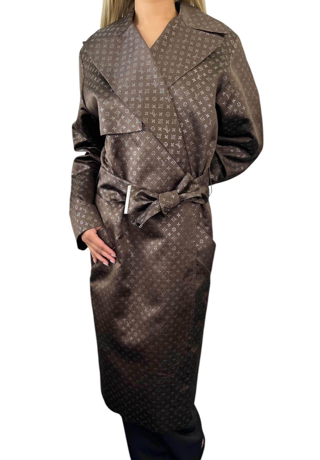 LOUIS VUITTON Vintage Monogram Silk Trench Coats Jacket Belt #36 Brown Silver