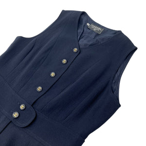 CHANEL Vintage CC Mark Logo Culottes Dress #40 Dark Blue Gold Wool Sleeveless