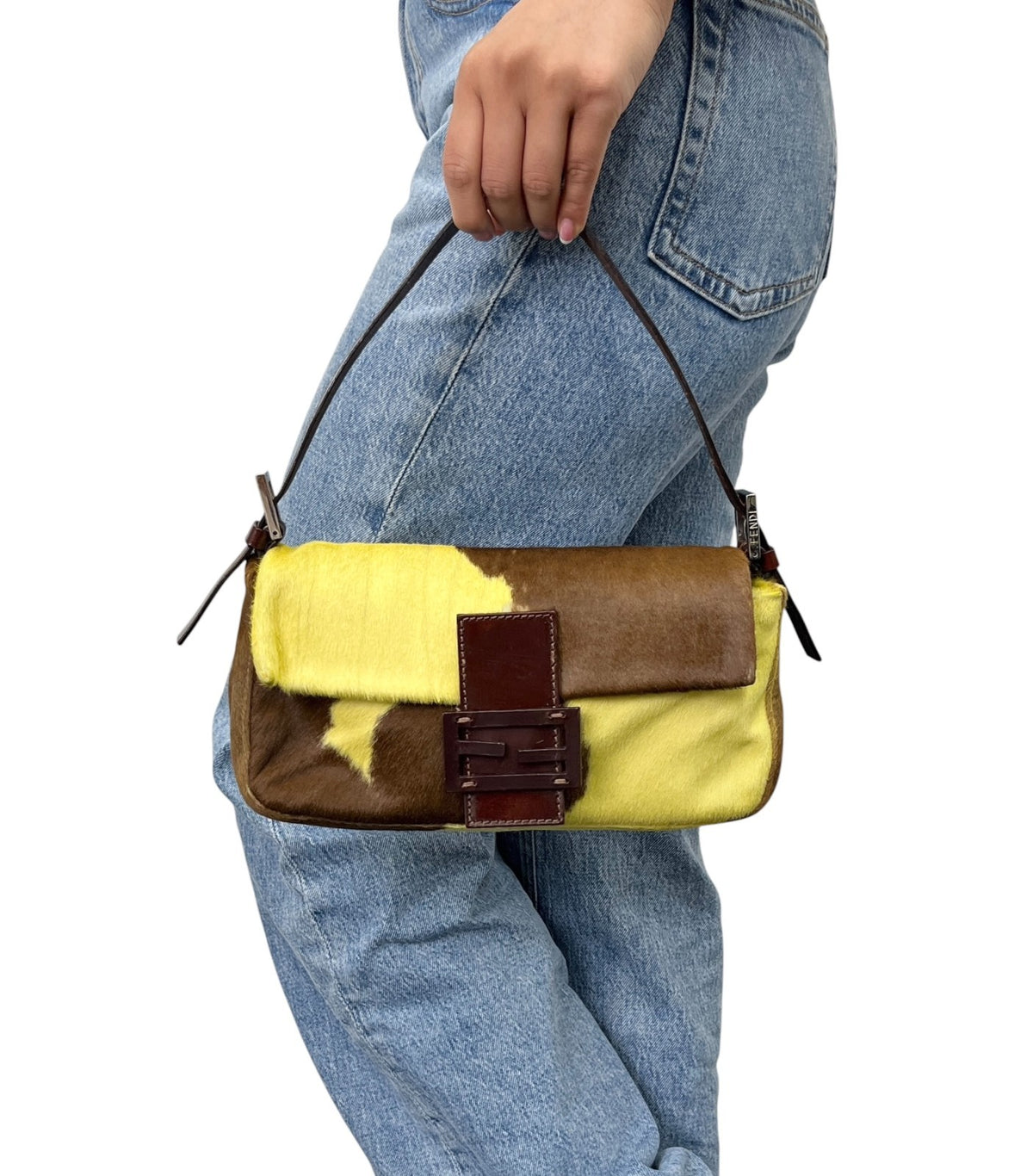 FENDI Vintage FF  Cow Mamma Baguette Bag Yellow Brown Pony Calf Hair 902801