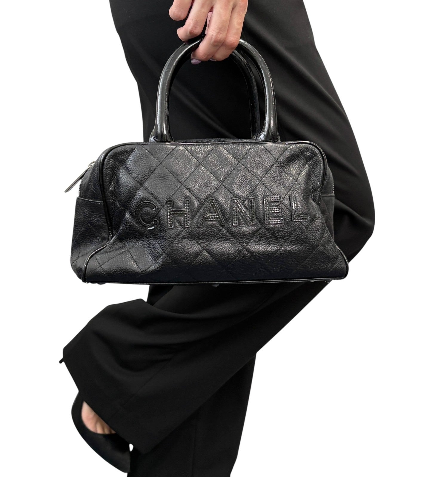 CHANEL Vintage CC Big Logo Quilted Leather Mini Bowling Boston Bag Black Silver