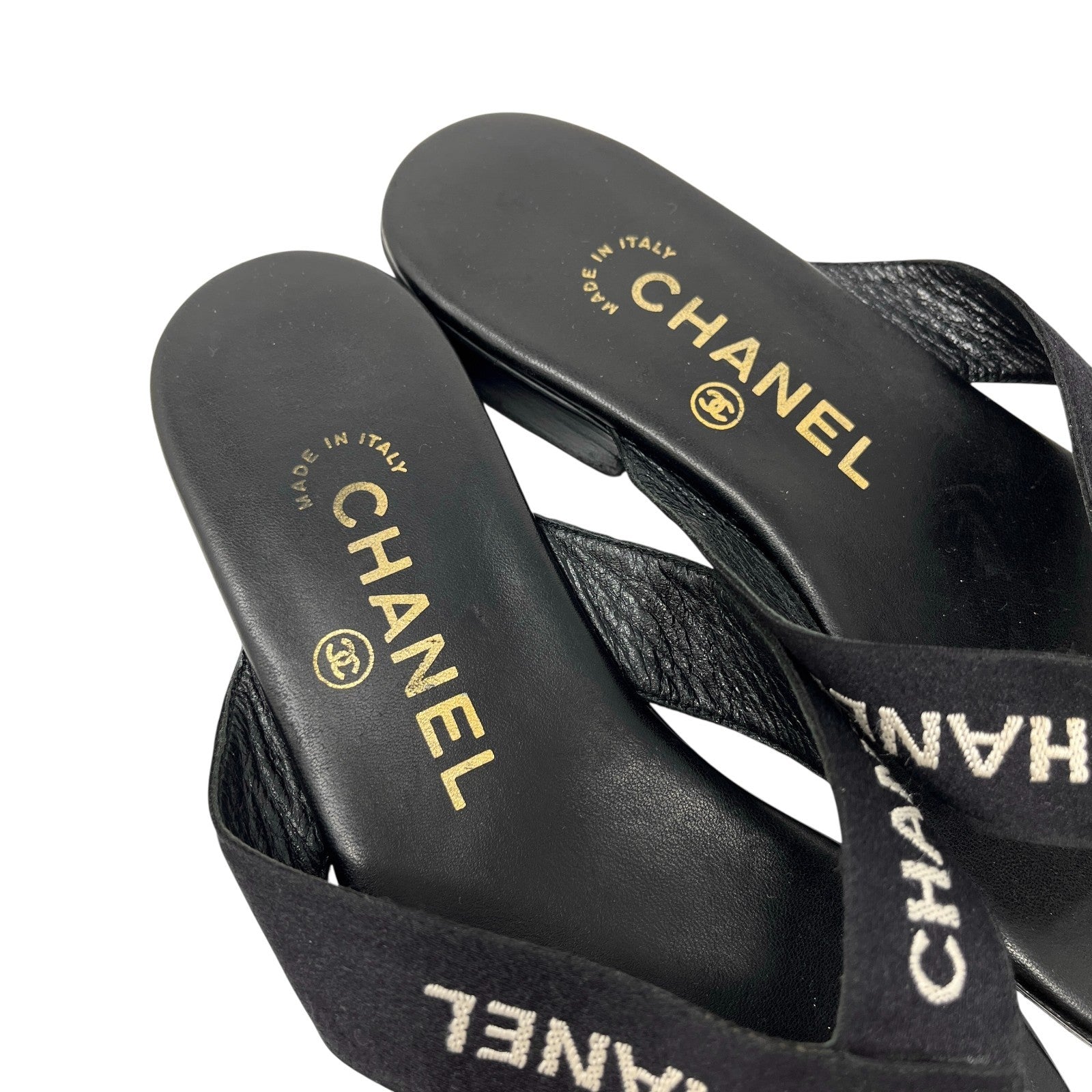 CHANEL Vintage CC Mark Logo Flip-Flops Sandals #37 Flat Black Leather Satin