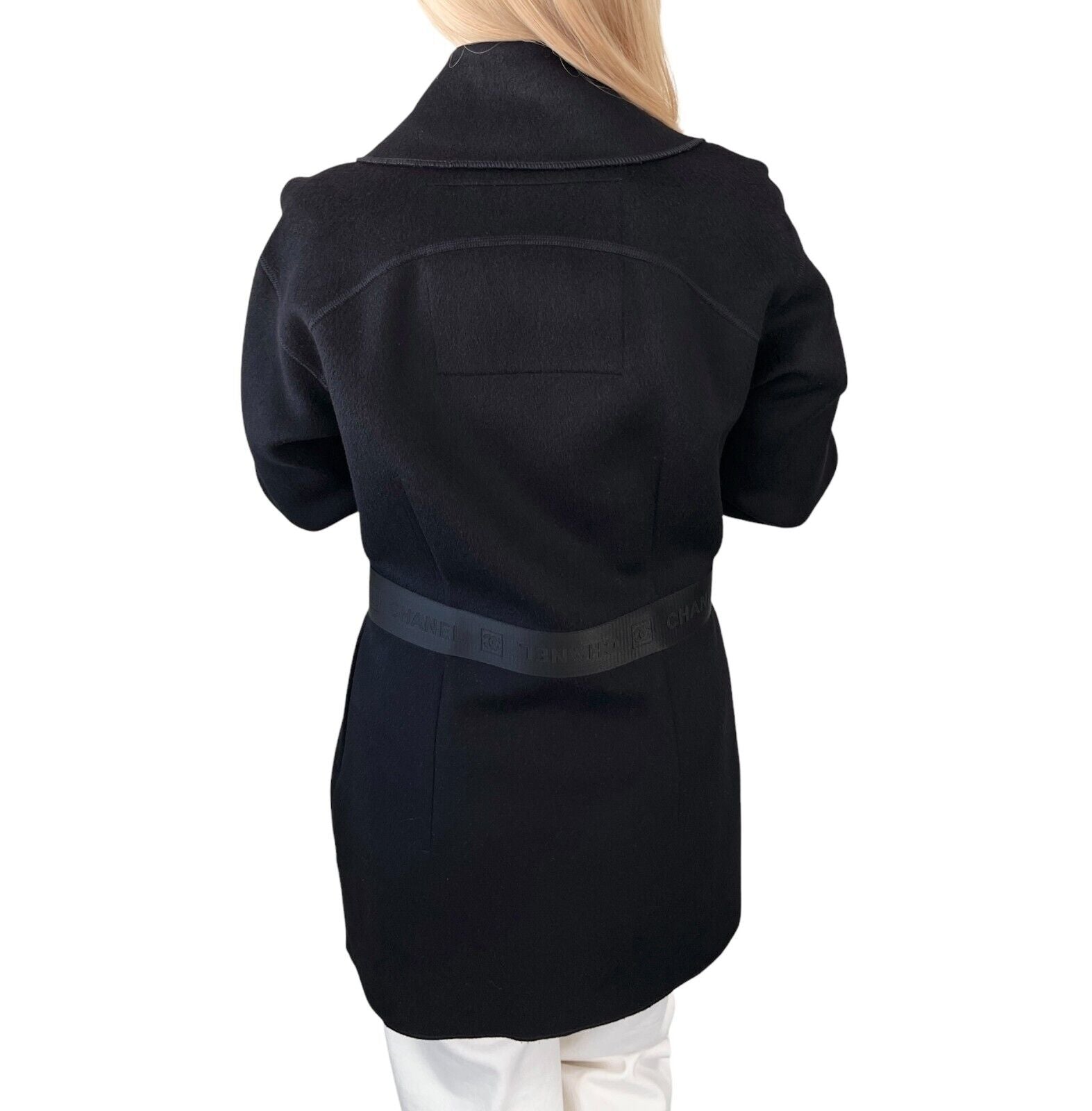 CHANEL Sport Vintage 04A CC Mark Logo Coat Jacket #36 Belt Black Silver Wool