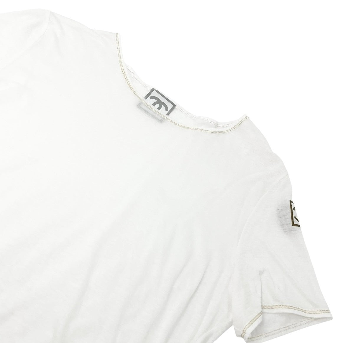 CHANEL Sport Vintage 06P CC Logo T-shirt Top #42 White Gold Cotton Frill