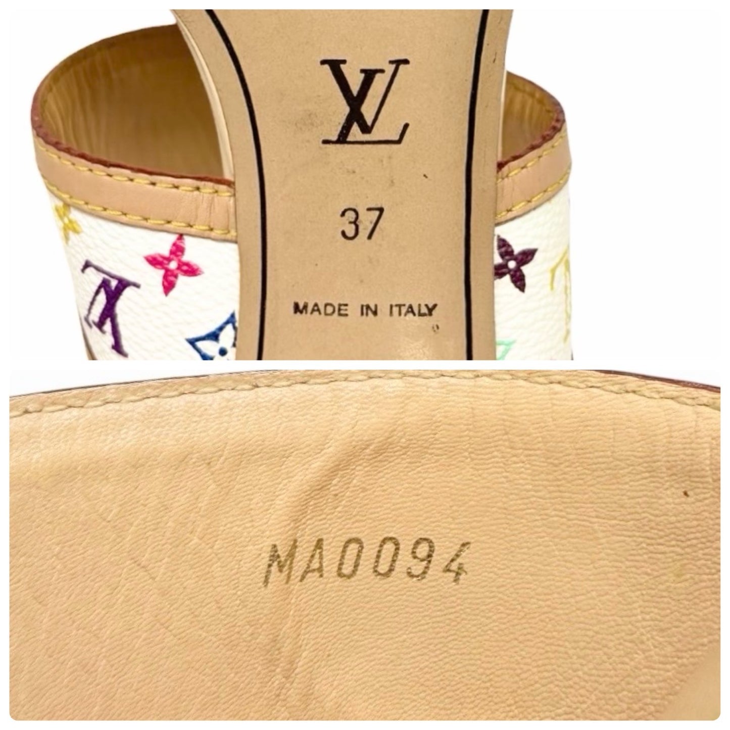 LOUIS VUITTON Vintage Monogram Multicolor Flower Sandals Heels #37 White 902030